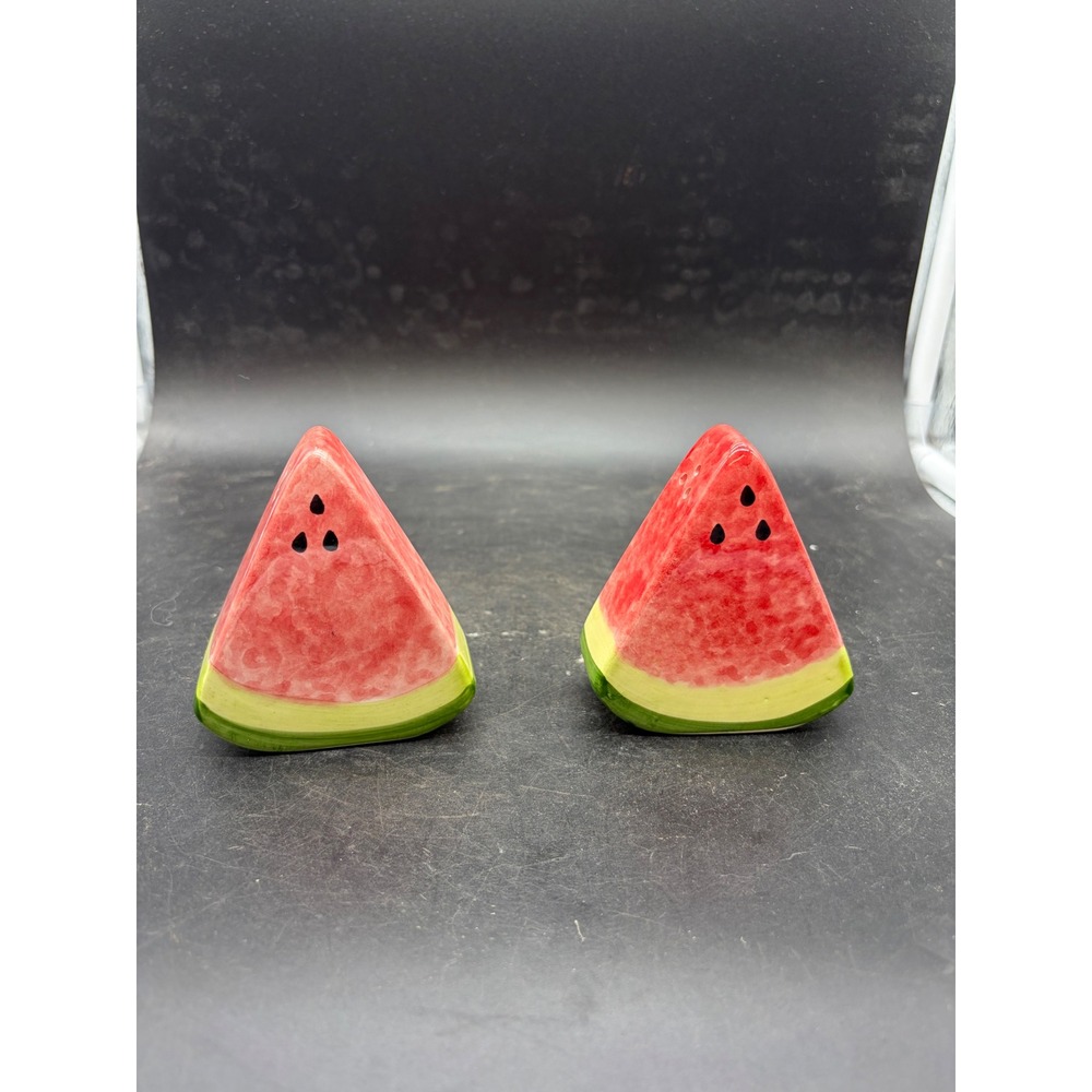 Vintage Ceramic Watermelon Slice Salt and Pepper Shakers Set Red Green Fruit
